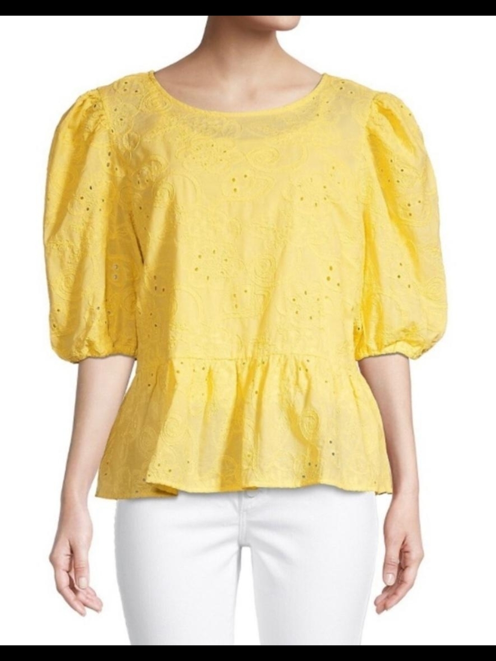 Nanette Lepore Yellow Eyelet Peplum Puff-Sleeve Top - Women